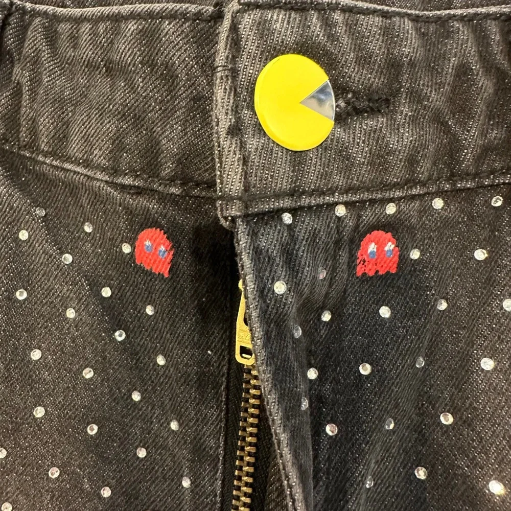 Justice Denim Shorts Girls 18 Black Pac-Man Rhinestone High Rise Graphic Retro